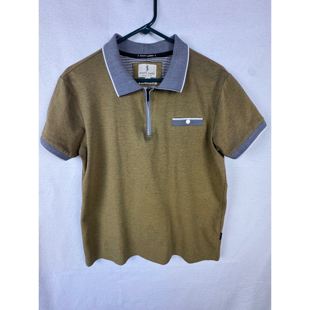 Scott James Polo Shirt Olive Green Quarter Zip Short Sleeve Textured Mens Large